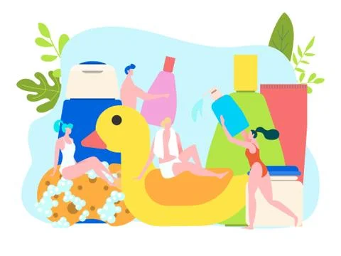 Bath items and accessories, hygiene concept, clean tiny people vector 스톡 일러스트
