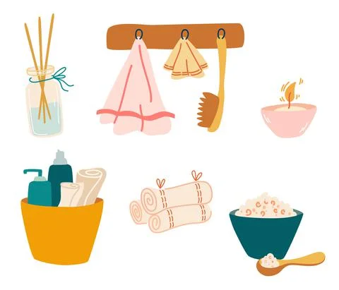 Bath items. Bathroom accessories collection. Towel, bath salt, set of creams  Stock Illustration