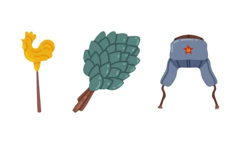 Bath or Sauna Besom and Hat with Ear Flaps as Russian Symbol Vector Set Stock Illustration