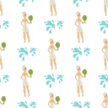 Bath people body washing face seamless pattern bath taking shower steam take Stock Illustration