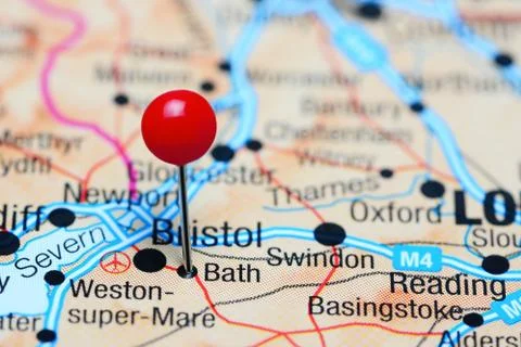 Bath pinned on a map of UK Stock Photos