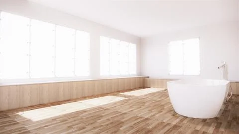 Bath room interior bathtub with wall white and wooden floor. 3d rendering Stock Illustration