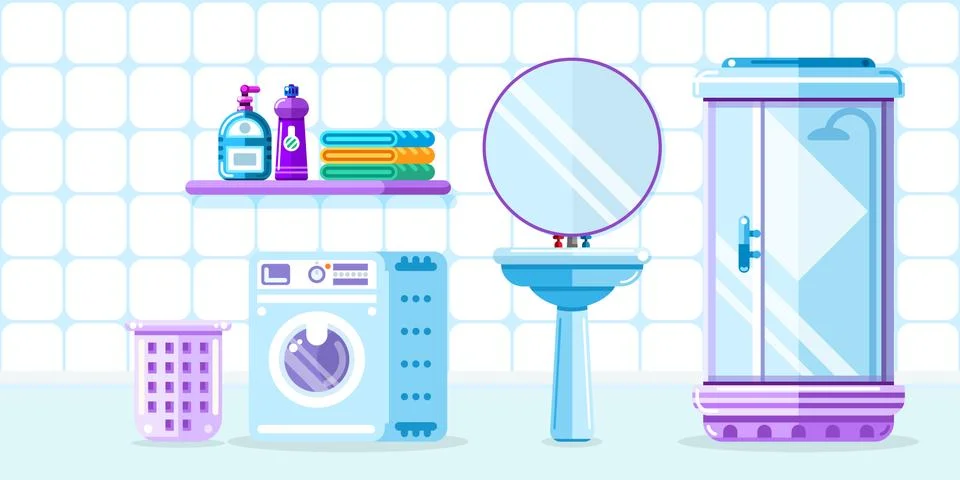 Bath room interior, vector flat style illustration. Bathroom furniture, showe Stock Illustration