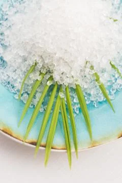 Bath salt and palm leaf Stock Photos