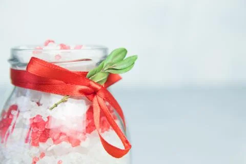 Bath salt with extract of orange. Lavander sea salt in a glass jar . Organic  Stock Photos