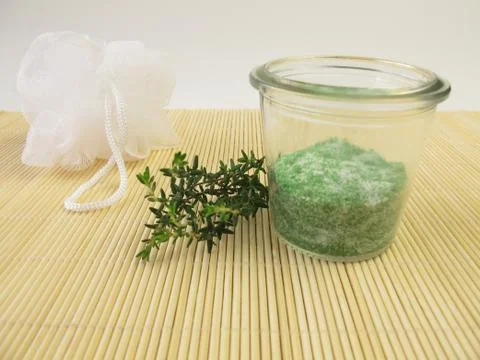 Bath salts with thyme Stock Photos