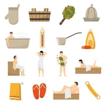 Bath Sauna Spa Flat Icons Set 库存插图