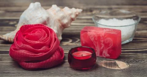 Bath set on wooden background Stock Photos