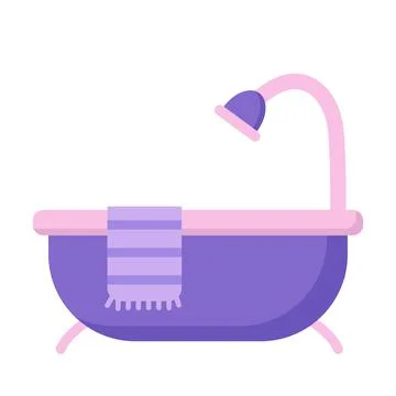 Bath with shower and towel, vector illustration in cartoon flat style. Body care Stock Illustration