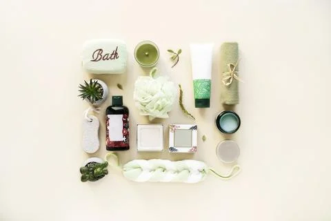 Bath skin care concept creative square composition, flat lay Stock Photos