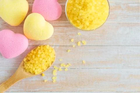 Bath spa accessories with bath bombs in spape of heart, sea salt Stock Photos