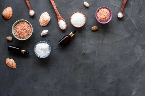 Bath spa set with sea salt and seashells. Top view Stock Photos