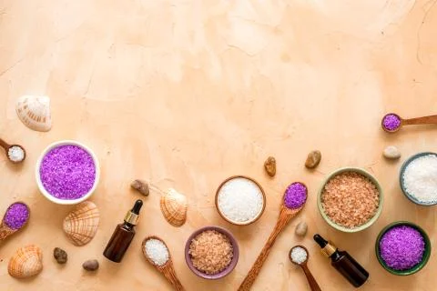 Bath spa set with sea salt and seashells. Top view Stock Photos