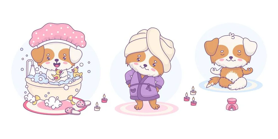 Bath time and cute dogs. Funny pet bathes in bath with foam. Puppy in bathrobe Stock Illustration
