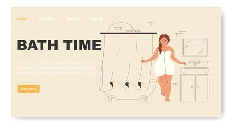 Bath time concept of landing page with girl bathtub. Plump female character Illustrazione stock
