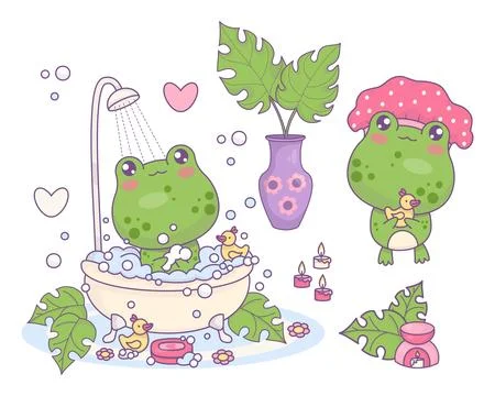 Bath-time. Cute funny frog in shower cap with rubber duck. Cartoon kawaii a.. Stock Illustration