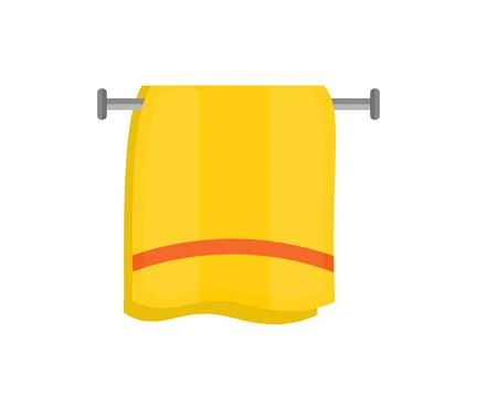 Bath towel, flat illustration logo design. Yellow bath towel hanging on wall. Stock Illustration