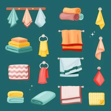 Bath towels and kitchen set. Textile colored fabric soft restaurants spa salons Illustrazione stock
