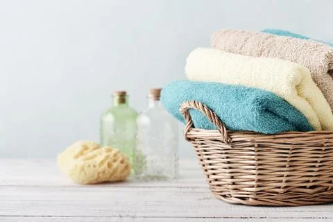 Bath towels and sponge Stock Photos