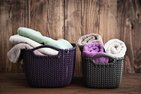 Bath towels of different colors Stock Photos