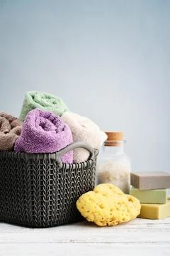 Bath towels of different colors Stock Photos