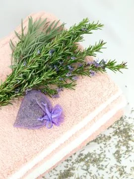 Bath towels with lavender Stock Photos
