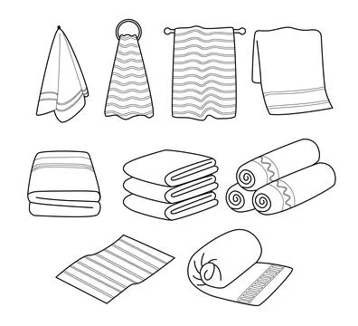 Bath towels outline doodle set collection for kitchen, line art style, cart.. Stock Illustration
