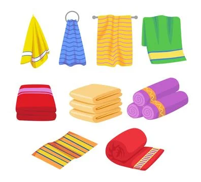 Bath towels set for kitchen or hotel cartoon flat style, cartoon soft and f.. 库存插图