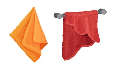Bath towels set. Orange and red textile cloth for wiping hanging on hooks vector Stock Illustration