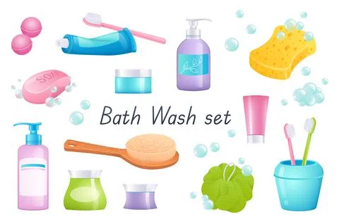 Bath wash accessories 3d realistic set. Bundle of bath bombs, toothpaste Stock Illustration
