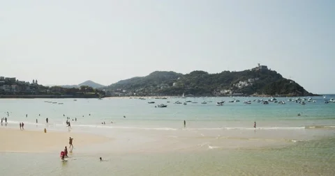 Bathers on La Concha beach in San Sebstian, Spain Stock Footage 139261301