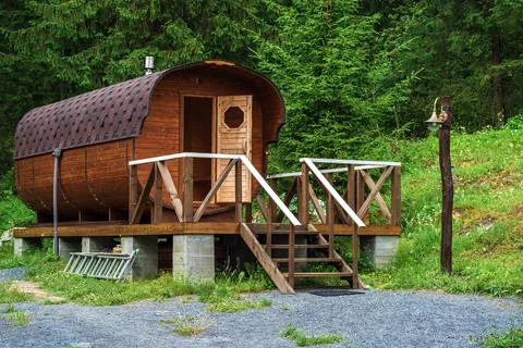 Bathhouse in the form of a barrel. Stock Photos