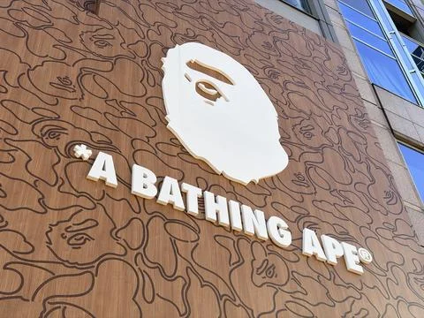 A Bathing Ape (BAPE) flagship store exterior signage featuring the iconic w.. Stock Photos