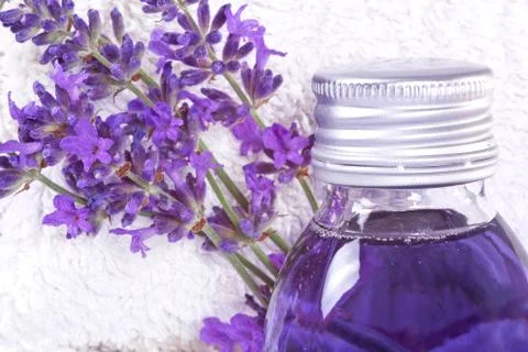 Bathing oil, with lavender bundle Stock Photos