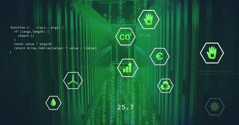 Bathing server rack aisle in data center, with green data streams, code Stock Illustration