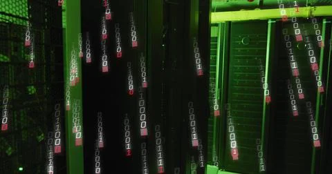 Bathing server racks in green light in server room showing vented doors, cables, Stock Illustration