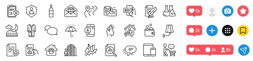 Bathrobe, Technical documentation and Ab testing line icons pack. For web app Stock Illustration