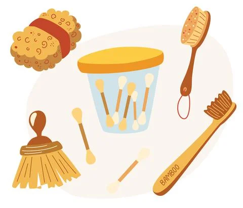 Bathroom accessories and tools collection. Brush, toothbrush, sponge and ear  Stock Illustration