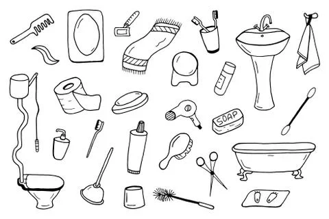 Bathroom accessories collection. Doodle style. Illustrazione stock