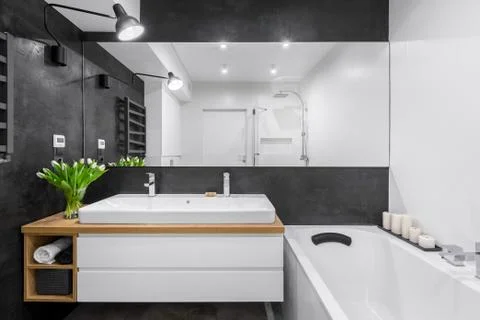 Bathroom with big mirror Stock Photos
