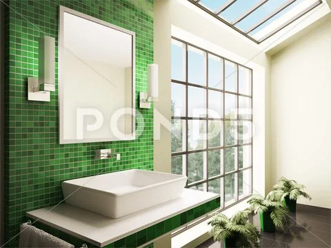 Bathroom with big window interior 3d Stock Illustration