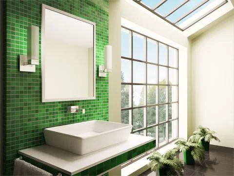 Bathroom with big window interior 3d Stock Illustration