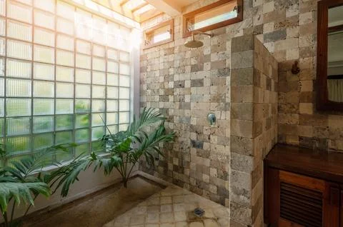 Bathroom with big window Stock Photos