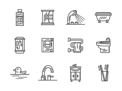 Bathroom black line vector icons Stock Illustration