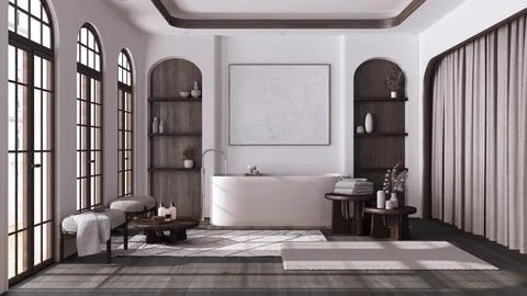 Bathroom in boho style with arched windows and parquet. Freestanding bathtu.. Stock Illustration