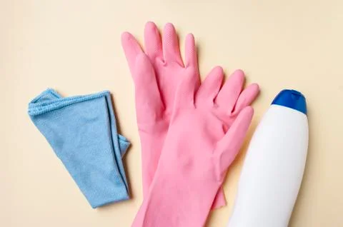 Bathroom cleaning tools, detergent, rubber gloves, fabric. Housekeeping. Stock Photos