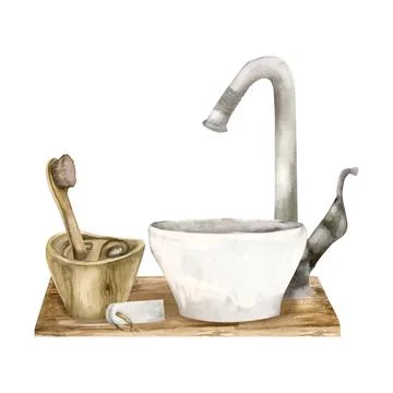 Bathroom composition with white sink, silver tap on wooden table with zero wa Stock Illustration