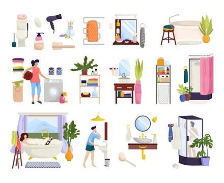 Bathroom decor interior, set vector illustration. Woman character taking bath Stock Illustration