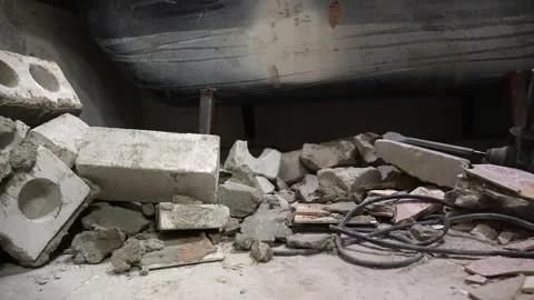 Bathroom demolition debris with concrete blocks and tiles 库存影片 304119614