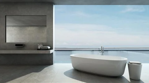 Bathroom design Modern & Loft in House pool villa take view sea -3D render Stock Illustration